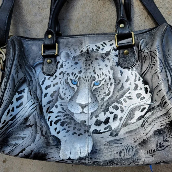 Anna by Anuschka African Leopard Genuine Leather Crossbody Satchel Hand-Painted - Picture 3 of 13